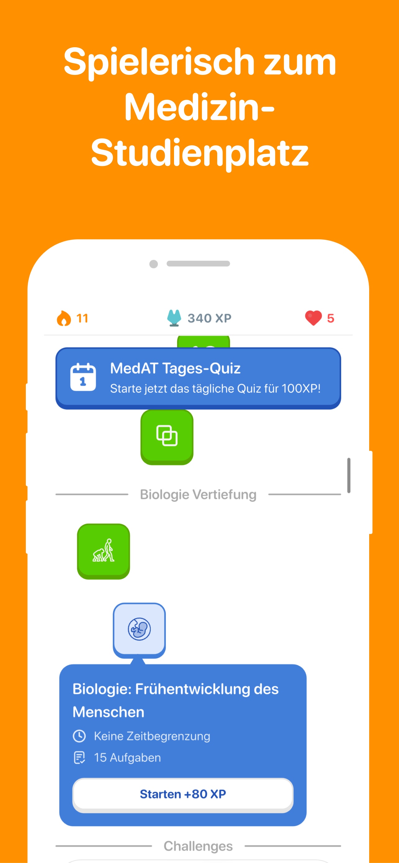 Medaty Startbildschirm mit MedAT Lernübersicht und Fortschritt